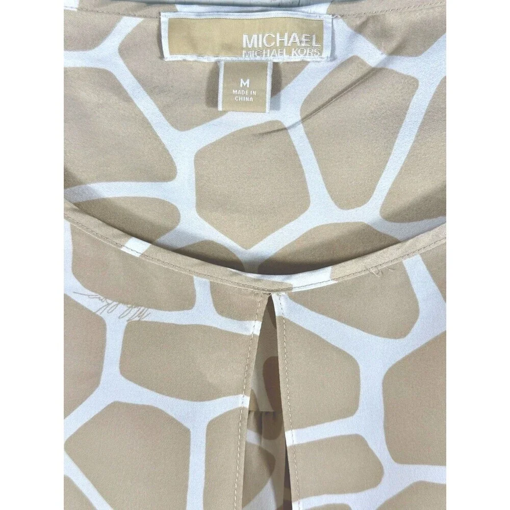 Michael Kors Giraffe Print Blouse Women M Roll Tab Sleeve Keyhole Beige